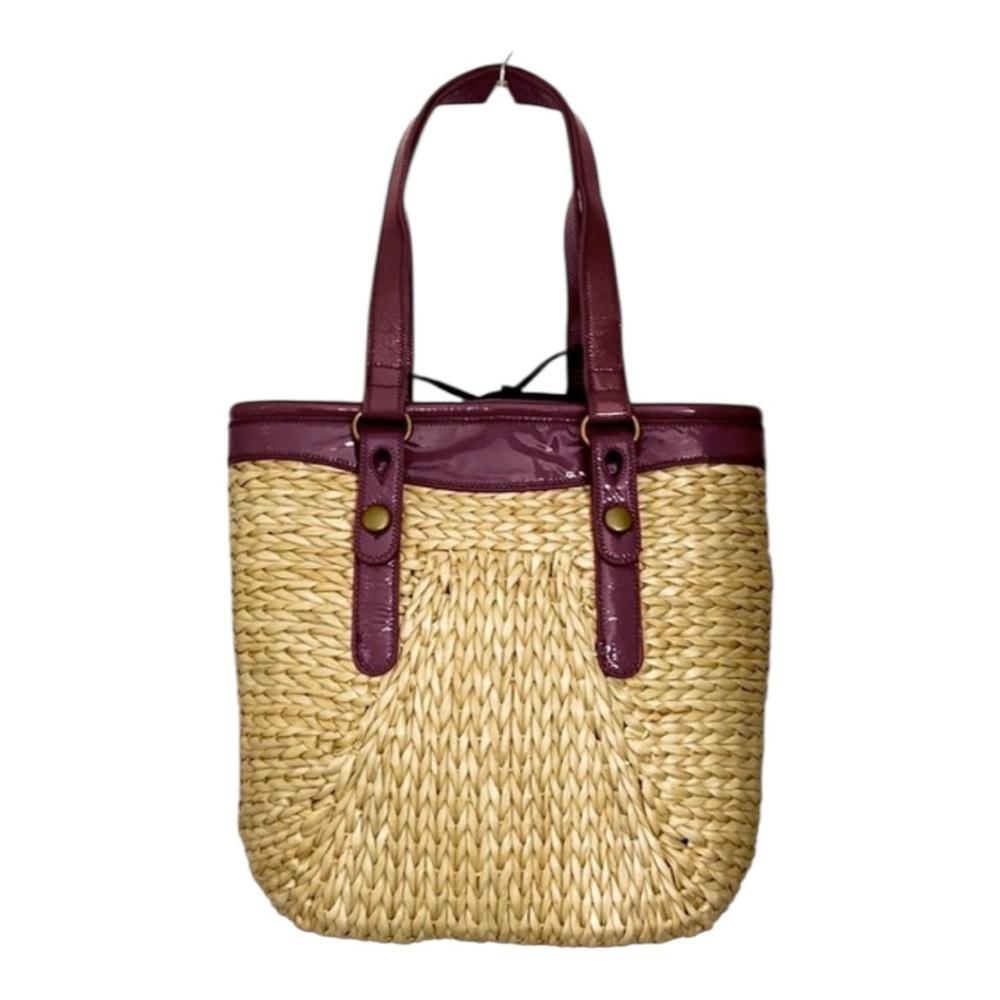 Lucky Brand Woven Straw Tote Patent Leather Beach Bag Boho Resort Large - Picture 5 of 9